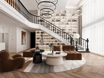 Modern Living Room Interior With Brown Sofas Round White Coffee Table Circular Chandeliers Staircase And Bookshelves 3d model