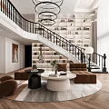 Modern Living Room Interior With Brown Sofas Round White Coffee Table Circular Chandeliers Staircase And Bookshelves