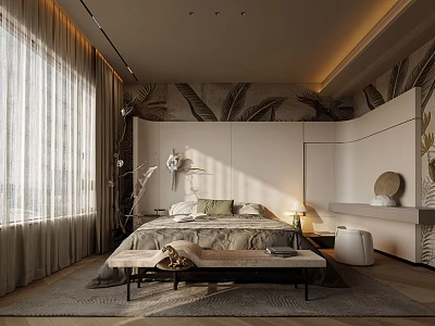 Modern Minimalist Bedroom Interior With Large Bed Curtains Leaf Wall Decor And Soft Lighting 3d model