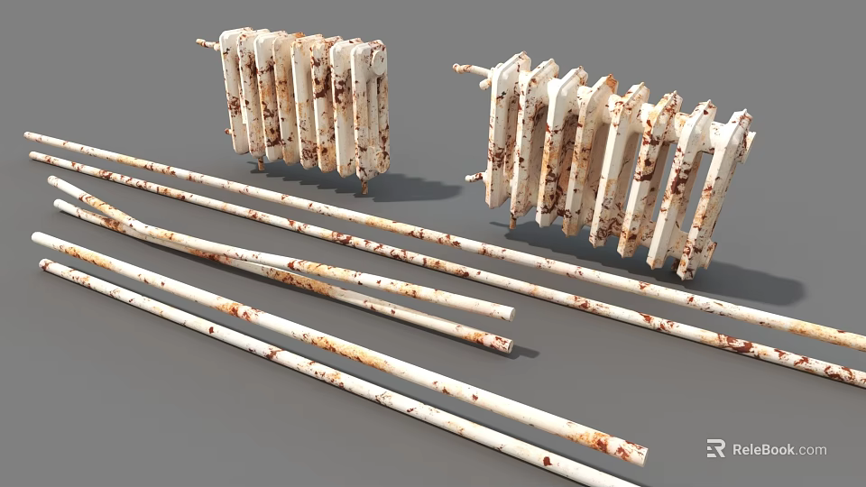 Old Rusty Radiator With White Pipes And Brown Rust Stains 3d model