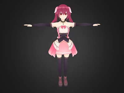 3D Character Model With Pink Hair Maid Outfit Pink Black Colors Arms Outstretched Pose 3d model