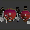 Two Red Mechanical Devices With Spiked Tops Side Logos And Base Supports 3d model