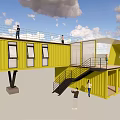 Modern Yellow Container Building With Multi Level Structure Staircase Terrace And Large Glass Windows 3d model