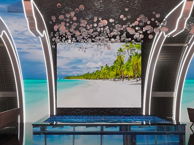 Modern Bar Interior Featuring Large Tropical Beach Screen And Hanging Sphere Decorations 3d model