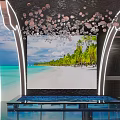 Modern Bar Interior Featuring Large Tropical Beach Screen And Hanging Sphere Decorations
