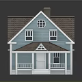 Single Family Home With Blue Exterior Brown Roof Porch Chimney And White Window Frames