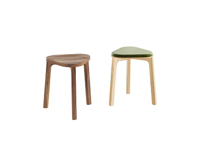 Two Modern Wooden Stools With Dark Curved Seat And Light Wood Green Padded Triangular Seat 3d model