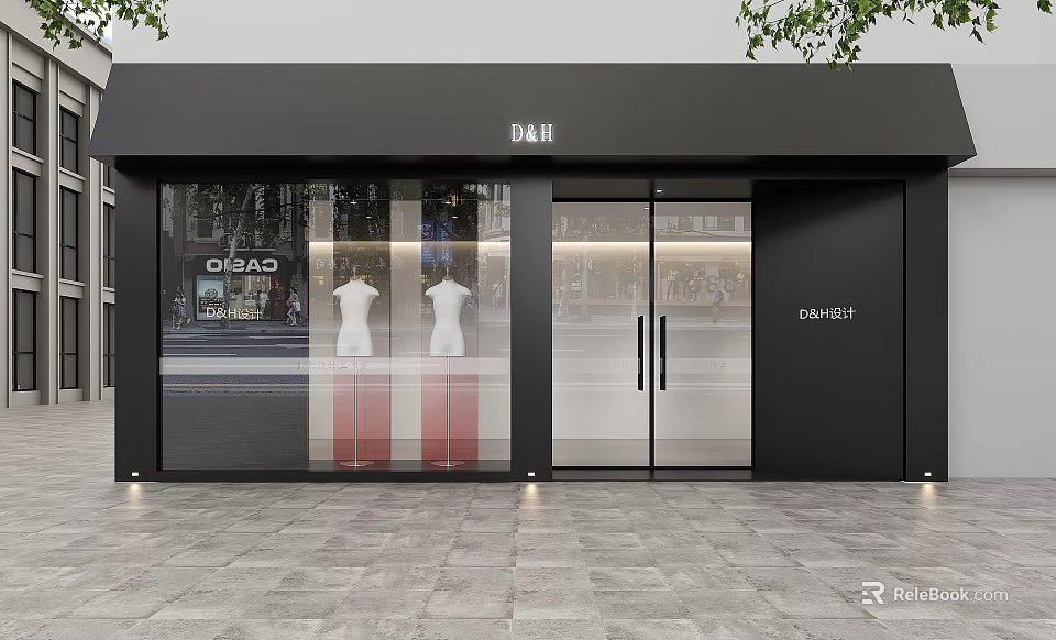 Modern Black Storefront Design With Glass Door And Window Mannequins 3d model 