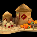 Traditional Harvest Scene With Straw Roof Barns Grain Bags Pumpkins Watermelon And Wooden Fence