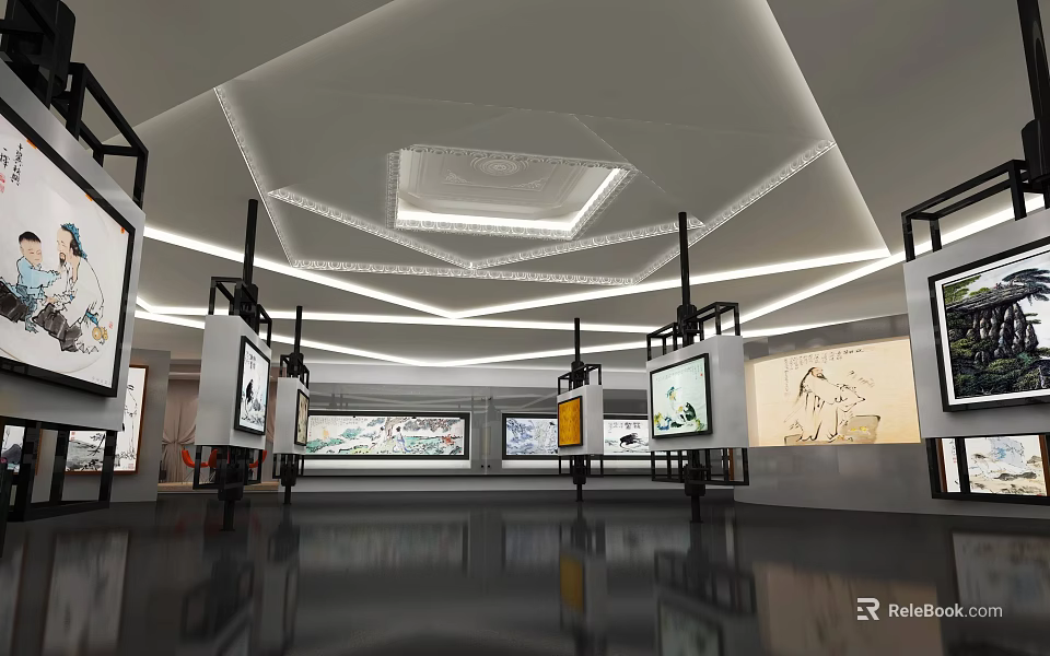 Modern Art Gallery Interior With Paintings On Display And Geometric Ceiling Lighting 3d model