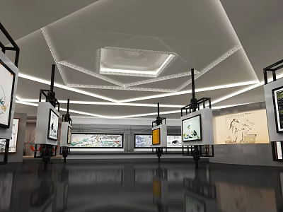 Modern Art Gallery Interior With Paintings On Display And Geometric Ceiling Lighting 3d model