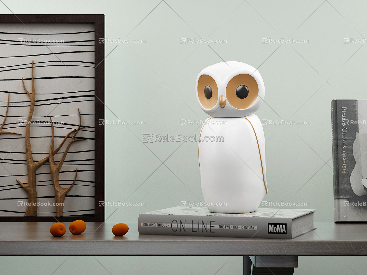 Modern Ornaments Decorations White Owl Table Book Decorative Painting Fruit 3d model