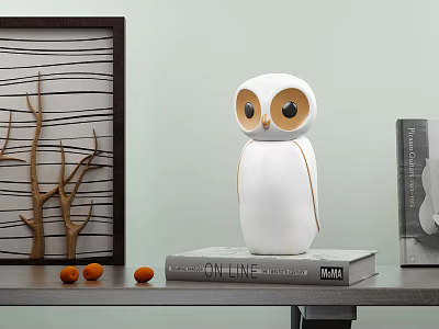 Decorative Ornament Set with White Owl Figurine Books Orange Fruits and Branch Wall Art 3d model