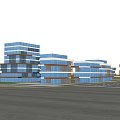 Modern Commercial Street with Tall Buildings Glass Curtain Walls Blue Sky and Wide Road
