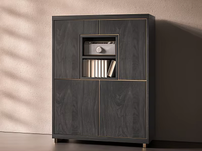 Elegant Dark Wooden Cabinet With Gold Trim Open Shelf And Books 3d model