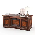 Classic Wooden Desk With Chair Table Lamp Cups And Notebook On Top