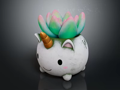 Cute Unicorn Shaped Succulent Planter With Pink Green Leaves and Smiling Face for Home Decor 3d model