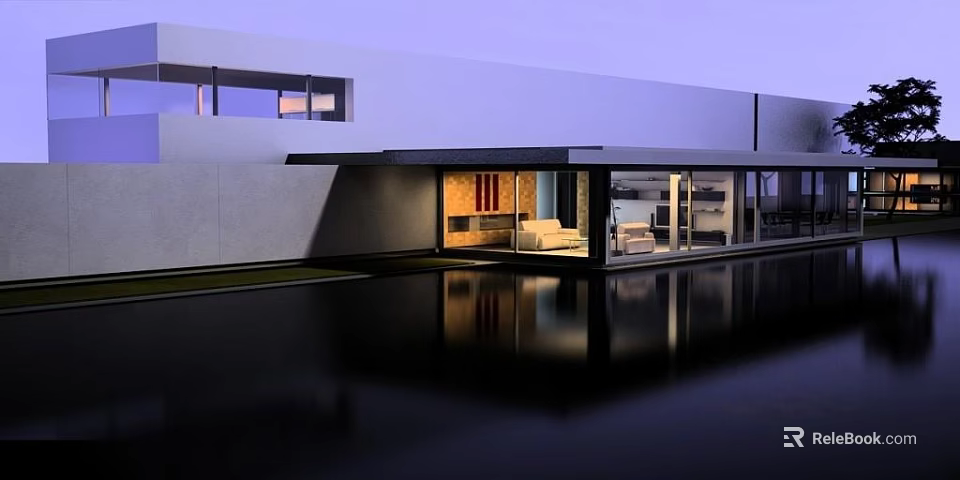 Modern Detached Villa With Glass Facade And Water Reflection At Dusk 3d model 