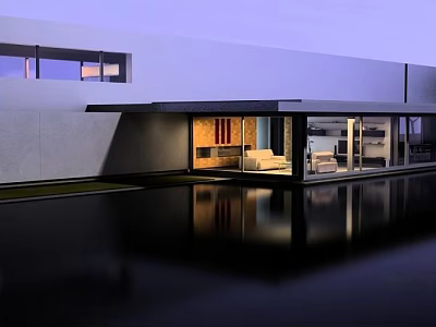 Modern Detached Villa With Glass Facade And Water Reflection At Dusk 3d model