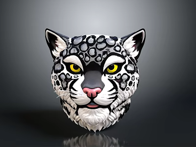 Snow Leopard Head Artistic Design With Yellow Eyes Pink Nose And Black White Spots 3d model