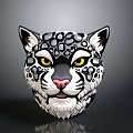 Snow Leopard Head Artistic Design With Yellow Eyes Pink Nose And Black White Spots