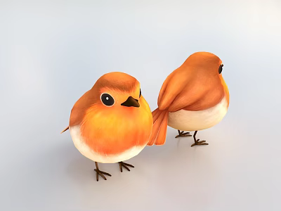 Two Adorable Small Cartoon Orange White Birds Standing On Light Background 3d model