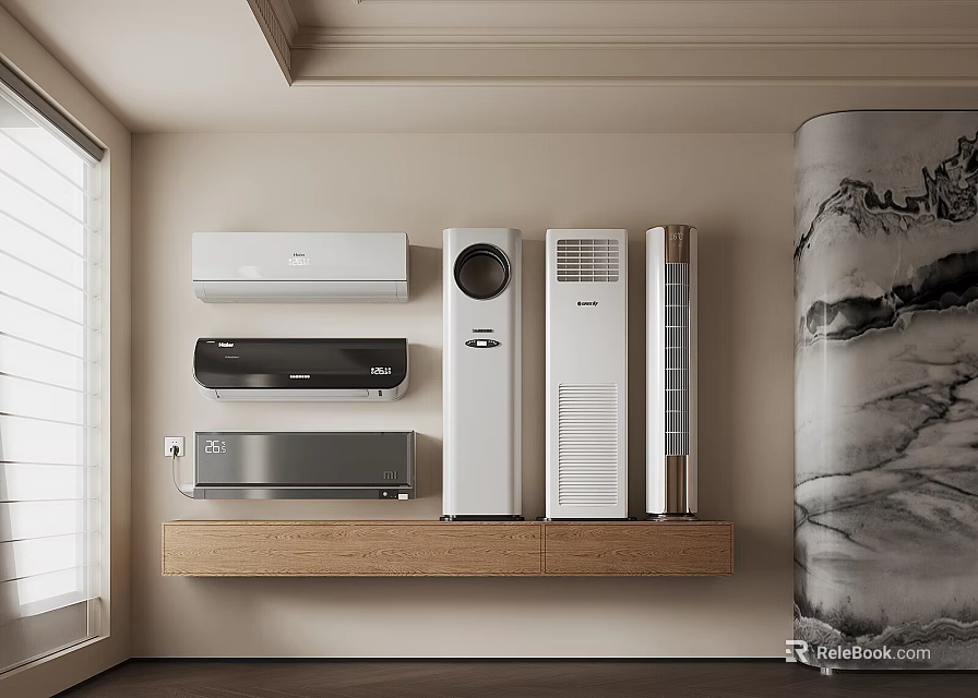 Modern Air Conditioners And Fans Display On Wooden Shelf In Room 3d model 