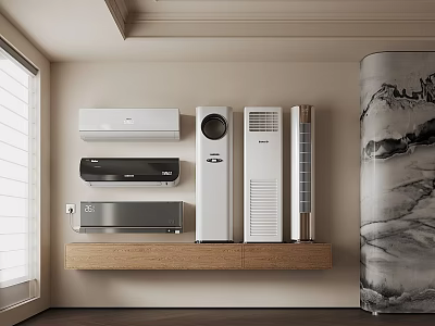 Modern Air Conditioners And Fans Display On Wooden Shelf In Room 3d model