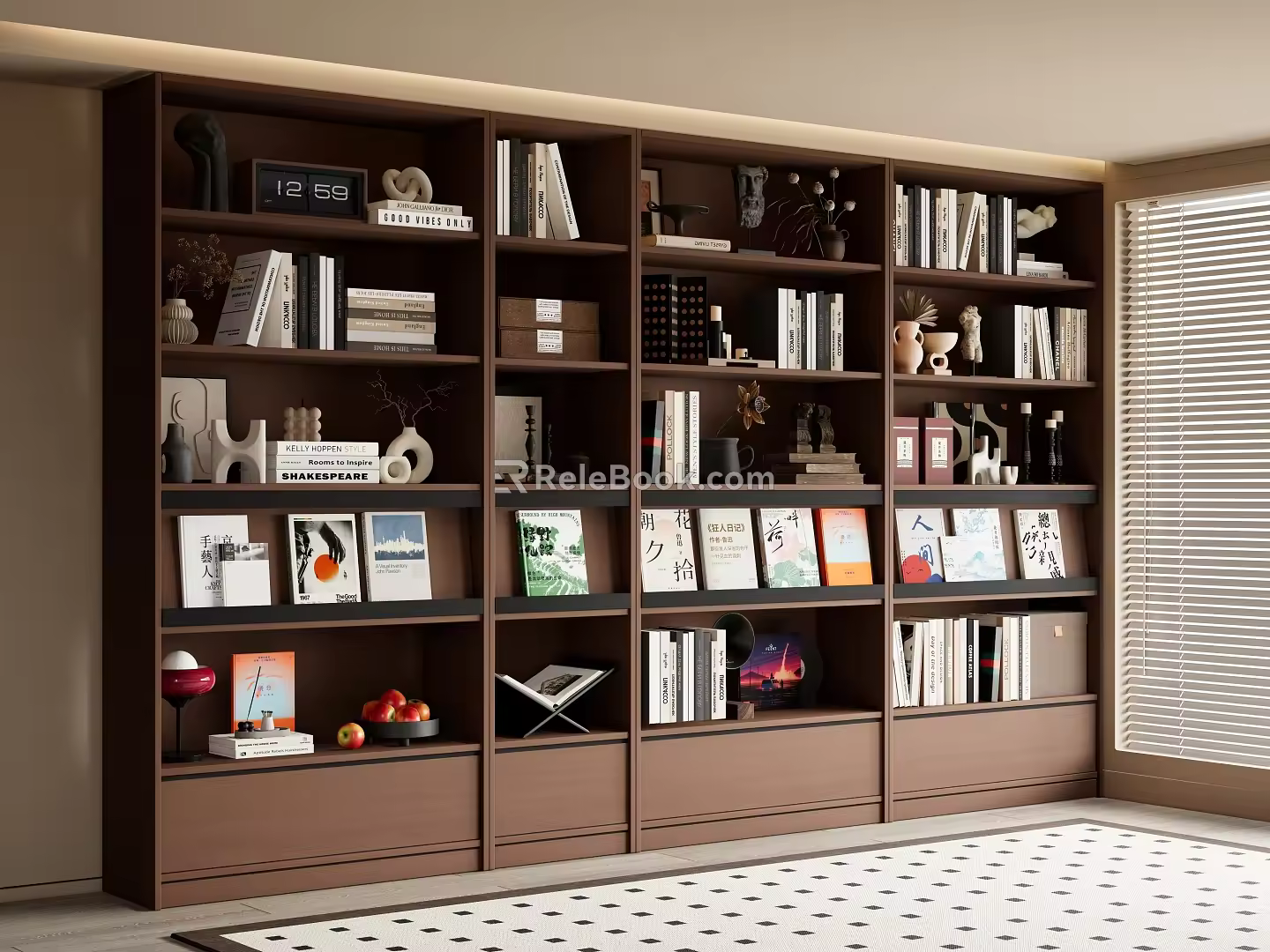 Middle Ancient Bookcase Middle Ancient Style Bookcase Study Bookcase Full Wall Bookcase Ornaments 3d model