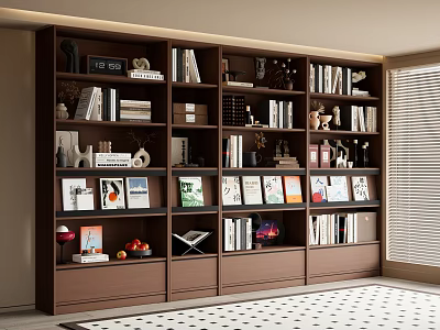 Elegant Modern Multilayer Bookcase Interior With Books Decorations Photo Frames And Storage Drawers 3d model