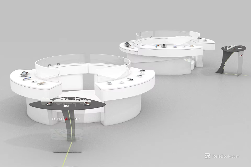Modern White Circular Display Shelves With Glass Railings For Retail Product 3d model 