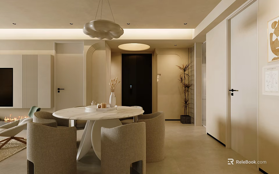 Modern Dining and Living Room Interior Design With Round Table Fabric Chairs and Pendant Light 3d model 