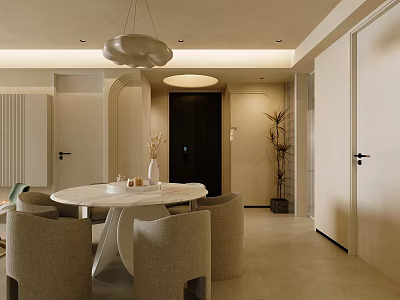 Modern Dining and Living Room Interior Design With Round Table Fabric Chairs and Pendant Light 3d model