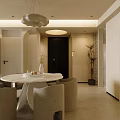 Modern Dining and Living Room Interior Design With Round Table Fabric Chairs and Pendant Light