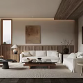 Modern Living Room Interior With Wooden Ceiling White Sofas Large Window And Coffee Table 3d model