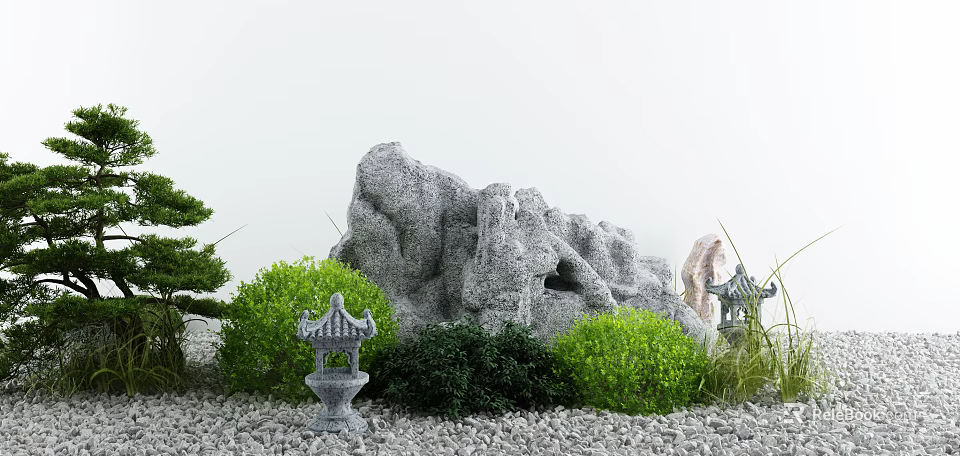 Traditional Garden Ornaments With Rockery Stones Mini Pagodas Green Shrubs And Gravel 3d model 