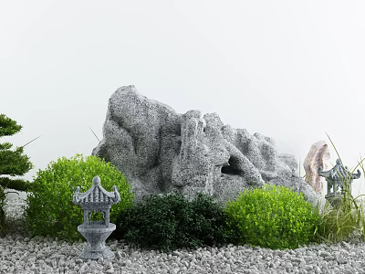Traditional Garden Ornaments With Rockery Stones Mini Pagodas Green Shrubs And Gravel 3d model