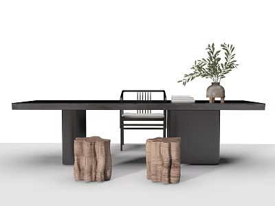 Stylish Black Tea Table With Chair Tree Stump Wooden Stools Green Plant And Books 3d model