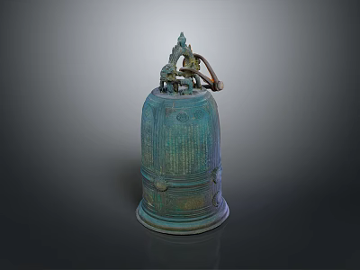 Ancient Bronze Bell With Intricate Top Ornament And Detailed Surface Patterns 3d model