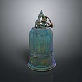 Ancient Bronze Bell With Intricate Top Ornament And Detailed Surface Patterns