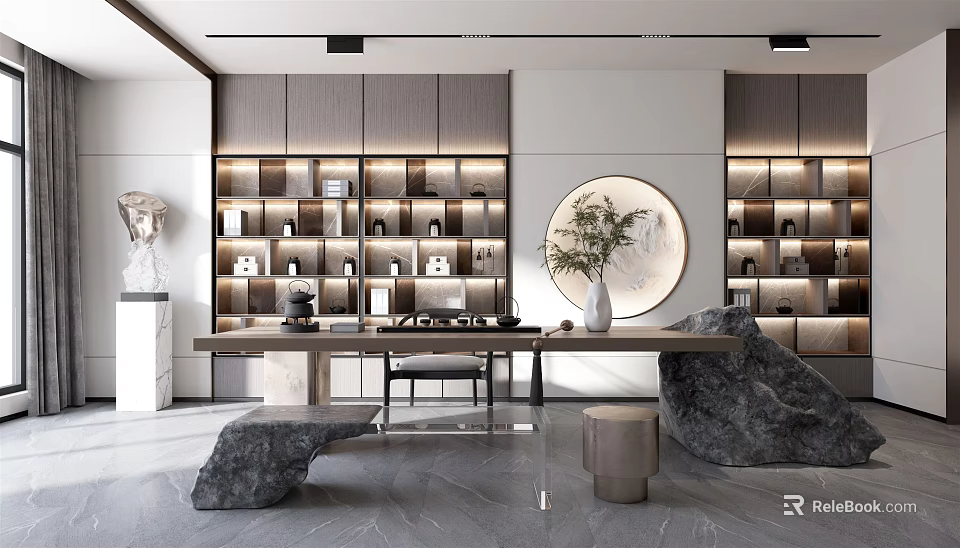 Modern Tea Room Interior Design With Shelves Tea Sets Circular Painting And Stone Decor 3d model 