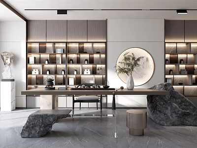 Modern Tea Room Interior Design With Shelves Tea Sets Circular Painting And Stone Decor 3d model