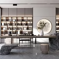 Modern Tea Room Interior Design With Shelves Tea Sets Circular Painting And Stone Decor