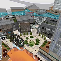 Modern Commercial Complex With Glass Facades Water Features Open Plaza And Pedestrian Walkways