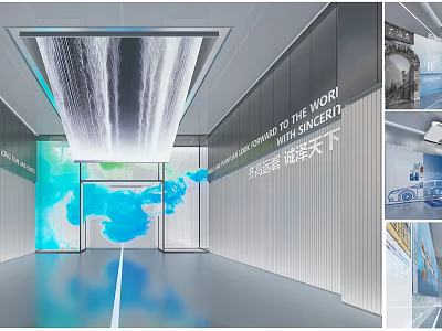 Modern Technology Exhibition Hall With Dynamic Ceiling Projection And World Map Displays 3d model