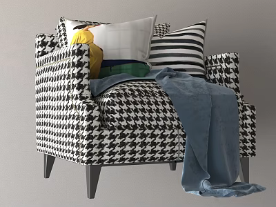 Black And White Houndstooth Accent Chair With Throw Pillows And Blue Blanket 3d model