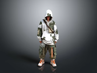 Modern Streetwear Outfit With Camouflage Patchwork Hoodie Cargo Pants And Orange Sneakers 3d model