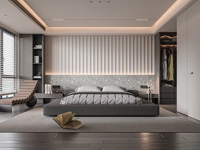 Modern Bedroom Interior Design With Grey Bed Striped Headboard Wall Wardrobe And Window Blinds 3d model