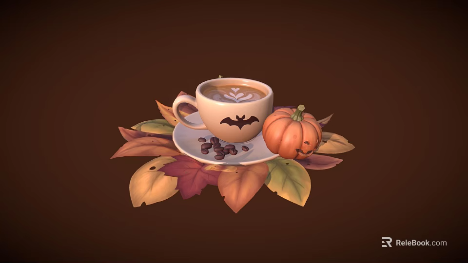 Warm Autumn Coffee with Bat Latte Art and Pumpkin Surrounded by Fall Leaves and Beans 3d model 