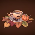 Warm Autumn Coffee with Bat Latte Art and Pumpkin Surrounded by Fall Leaves and Beans
